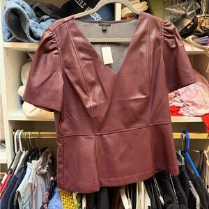 Ann Taylor Wine Faux Leather V-Neck Top